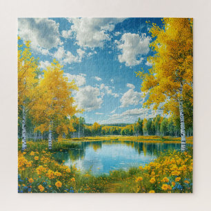 Puzzle Paysage serein de lac panoramique avec arbre jaune