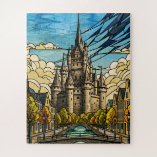 Puzzle Paysage urbain médiéval sur illustration de vitrai