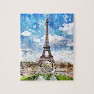 Puzzle Paysage urbain Paris, Eiffel d'aquarelle vers