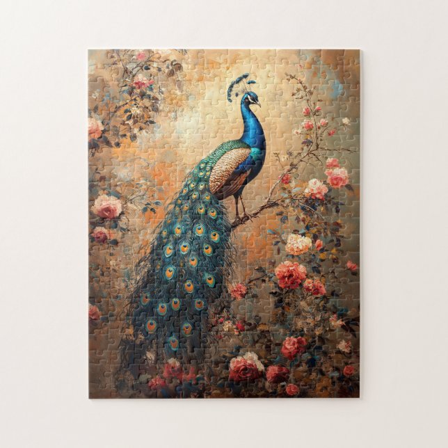 Puzzle Peacock avec Roses Roses Roses Roses Roses Bleues  (Vertical)