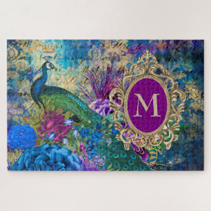 Puzzle Peacock Elegant Vintage violet Turquoise or Monogr