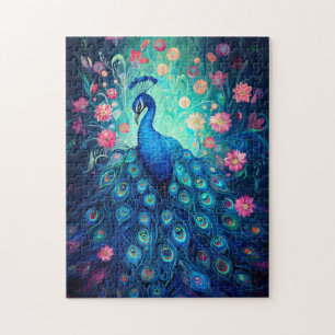 Puzzle Peacock - Plumes d'Aqua Vert Bleu & Fleurs Roses