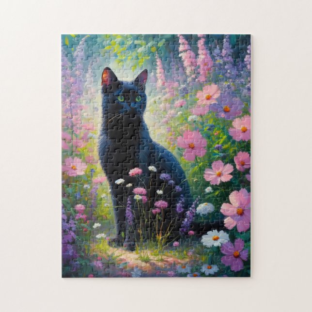 Puzzle Peinture à l'huile Fleur sauvage de Chat noir et p (Vertical)