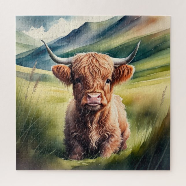 Puzzle Peinture aquarelle Bébé Highland Cow assise (Vertical)