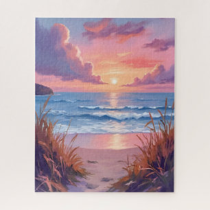 Puzzle Peinture aquarelle de la plage au coucher du solei