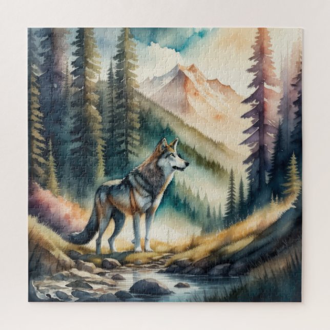 Puzzle Peinture aquarelle du loup en forêt (Vertical)