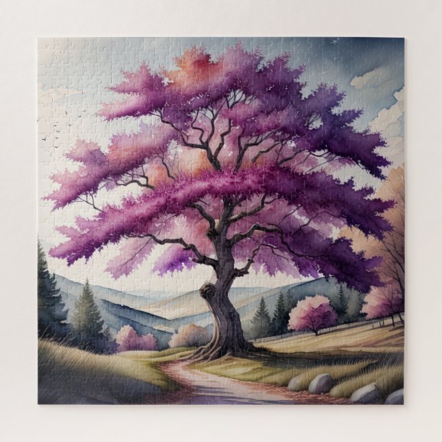 Puzzle Peinture aquarelle d'un grand arbre à feuilles vio (Vertical)