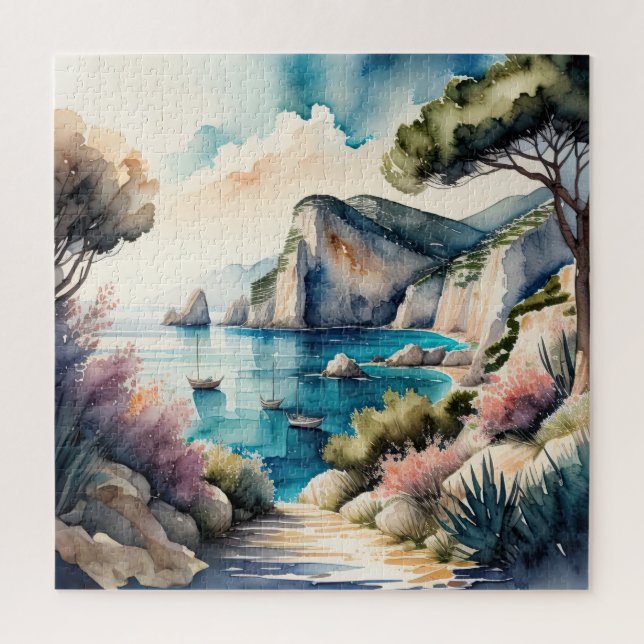 Puzzle Peinture aquarelle Paysage de la côte méditerranée (Vertical)