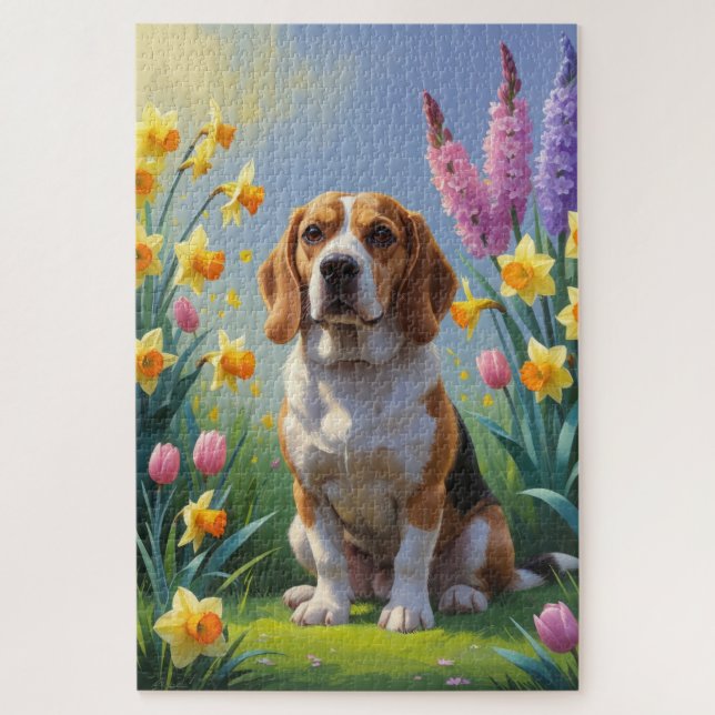 Puzzle Peinture beagle Fleurs de printemps de chien (Vertical)
