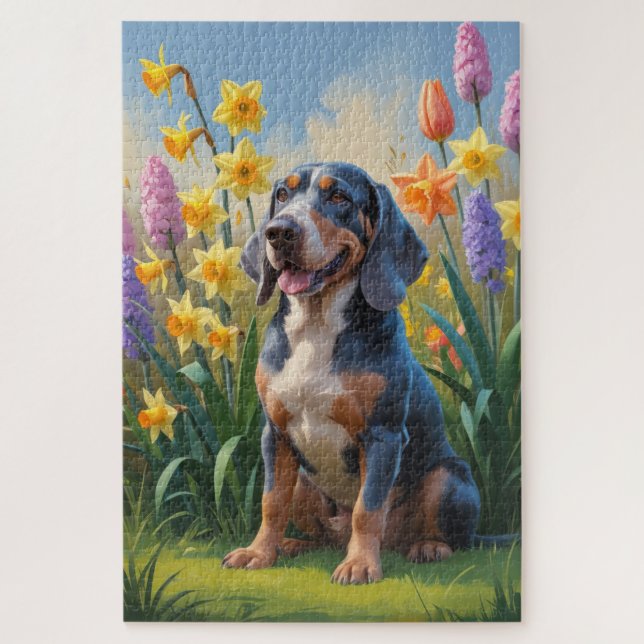 Puzzle Peinture Bluetick Coonhound Chien Fleurs de printe (Vertical)