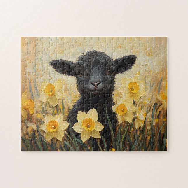 Puzzle Peinture d'agneau noir et de jonquilles jaune (Horizontal)