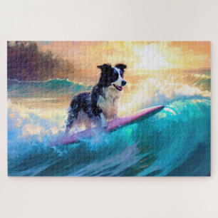 Puzzle Peinture de Border Collie faisant du surf sur la p