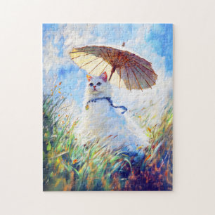 Puzzle Peinture de chat blanc avec parasol dans un champ 