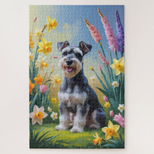Puzzle Peinture de fleurs de printemps de chien Schnauzer