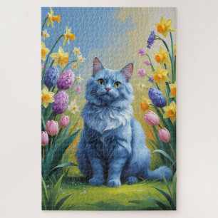 Puzzle Peinture de fleurs printanières de chat bleu russe