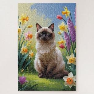 Puzzle Peinture de fleurs printanières de chat siamois
