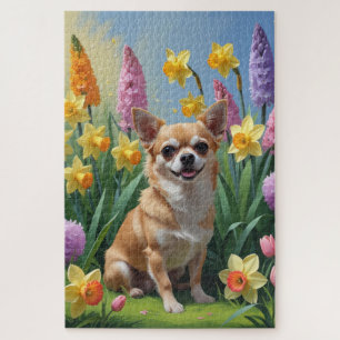 Puzzle Peinture de fleurs printanières de chien Chihuahua