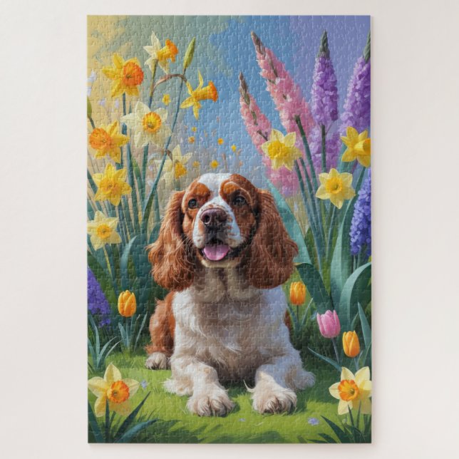 Puzzle Peinture de fleurs printanières de chien Cocker Sp (Vertical)