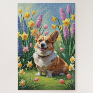 Puzzle Peinture de fleurs printanières de chien Corgi