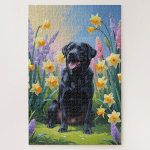 Puzzle Peinture de fleurs printanières de chien Labrador