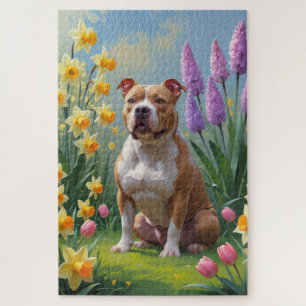 Puzzle Peinture de fleurs printanières de chien Pitbull 