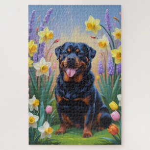 Puzzle Peinture de fleurs printanières de chien Rottweile