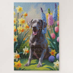 Puzzle Peinture de fleurs printanières de chien Weimarane