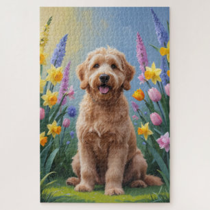 Puzzle Peinture de fleurs printanières de Goldendoodle Do