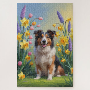 Puzzle Peinture de fleurs printanières de Rough Collie