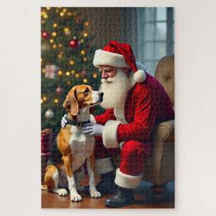 Puzzle Peinture de Noël Beagle rencontre le Père Noël