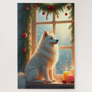 Puzzle Peinture de Noël Samoyède sous le gui