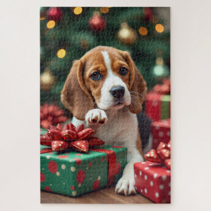 Puzzle Peinture de Noël : un Beagle emballant des cadeaux