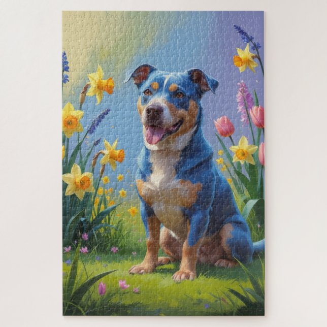 Puzzle Peinture de printemps de Chien Heeler bleu (Vertical)