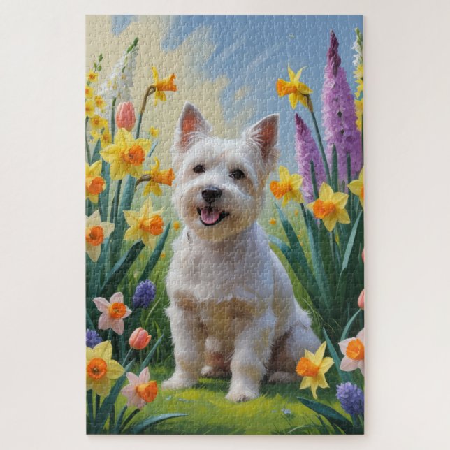 Puzzle Peinture de printemps de chien tibétain Terrier (Vertical)