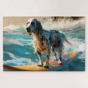Puzzle Peinture de Surf sur la Plage avec Setter Anglais