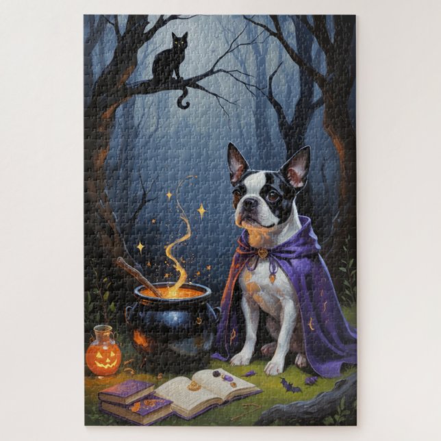 Puzzle Peinture d'Halloween de Boston Terrier Chien blanc (Vertical)