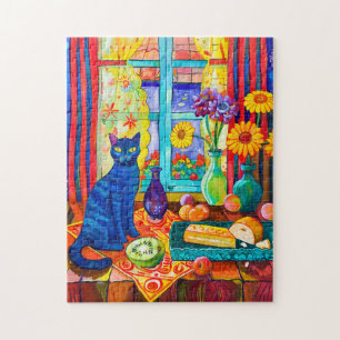 Puzzle Peinture d'un chat sur la cuisine Table par fenêtr
