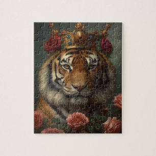 Puzzle Peinture d'un tigre avec couronne et Rose