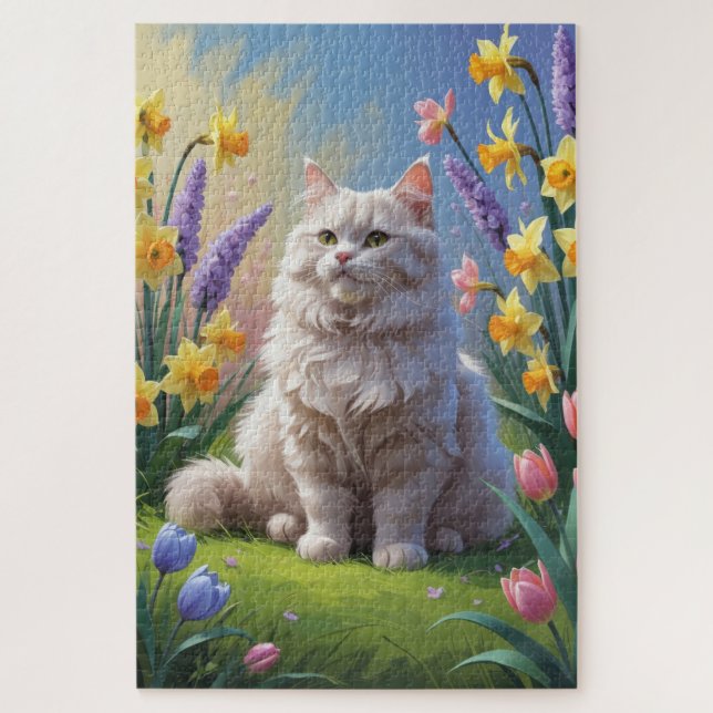 Puzzle Peinture Sibérienne Fleurs de Printemps de Chat (Vertical)