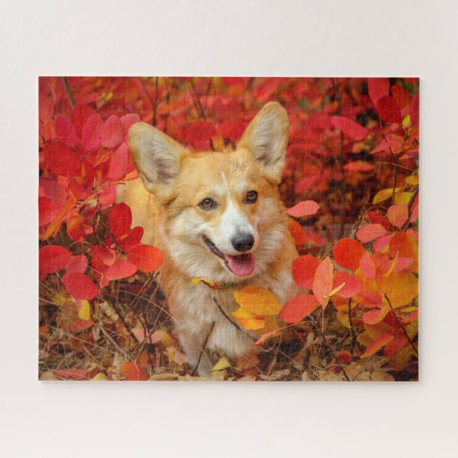 Puzzle Pembroke Welsh Corgi Chien chiot en Feuille rouge (Horizontal)