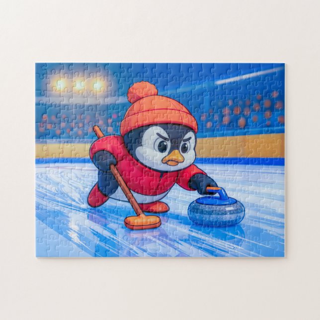 Puzzle Penguin Playing Curling on an Icy Winter Rink (Horizontal)