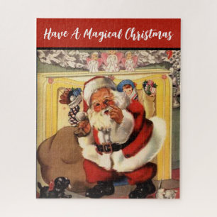 Puzzle Père Noël à la cheminée avec Chiots Vintage Retro