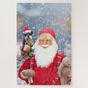 Puzzle Père Noël avec un chien Schnauzer nain à Noël