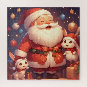 Puzzle Père Noël et deux lapins joyeux