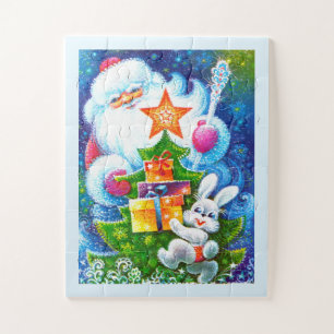 Puzzle Père Noël et Noël lapin art vintage