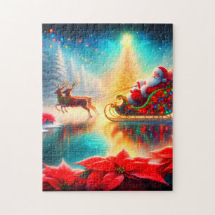 Puzzle Père Noël et rennes sur un étang gelé dans son tra