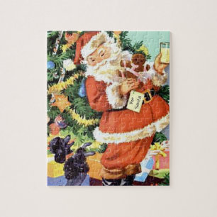 Puzzle Père Noël rétro, biscuits et lait, et caniche dans