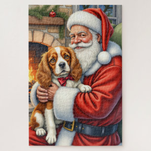 Puzzle Père Noël tenant un Cavalier King Charles Spaniel 