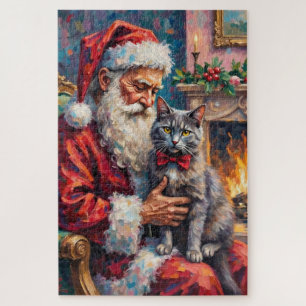 Puzzle Père Noël tenant une illustration de Noël de chat