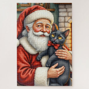 Puzzle Père Noël tenant une illustration de Noël de chat